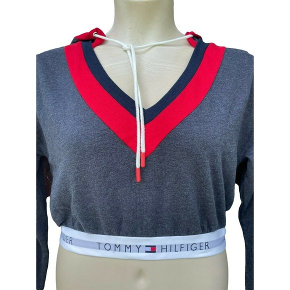 Tommy Hilfiger Logo Gray Cropped Hoodie Sweatshirt V-Neck Sz M Urban Outfitters - Picture 3 of 9